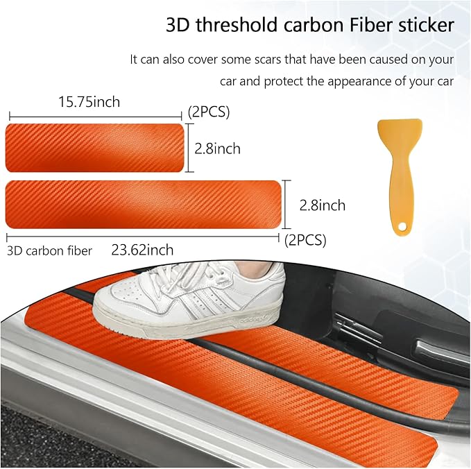 4 PCS Car Door Sill Protector, 3D Carbon Fiber Auto Door Entry Edge Guard Protection Trim, Anti-Scratch Threshold Cover Strips, Sill Protection Sticker for Car SUV Truck (Orange)