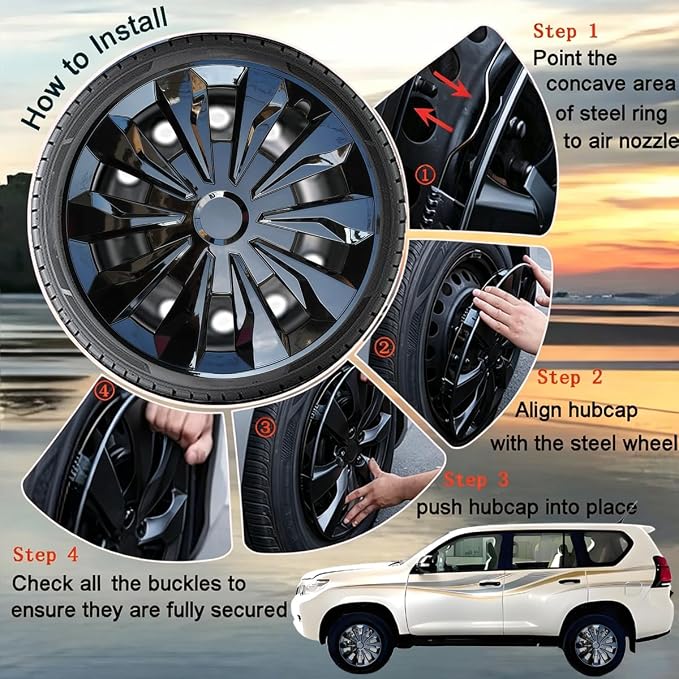 Hubcap Wheel Cover Replacement R16 Hub Caps Universal-Fit Steel Wheel Rim Cover ABS Material Exterior Accessories for Car Truck SUV -Set of 4（16-inch，Black）
