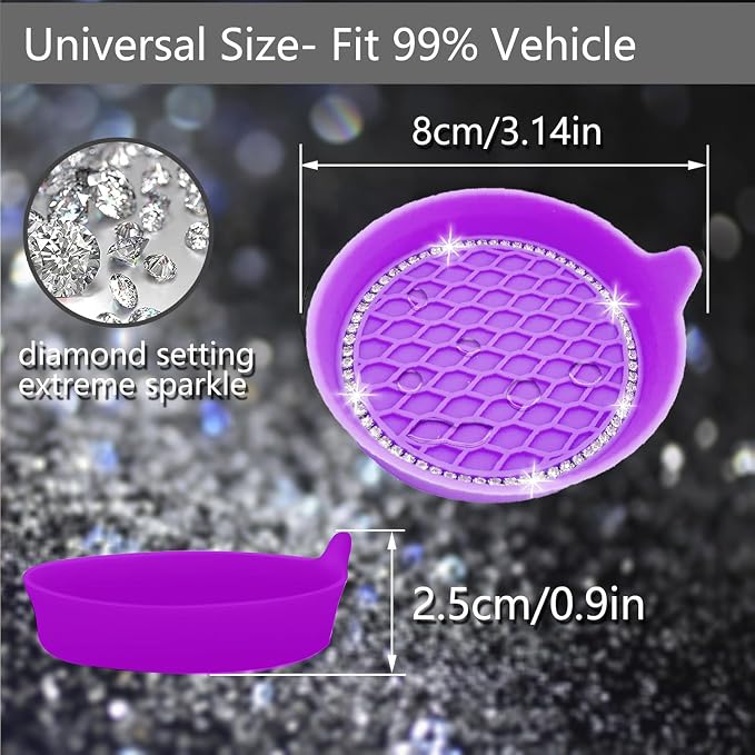 4PCS Bling Car Coasters, Non-Slip Insert Water Bottle Holder Pads, Bling Crystal Rhinestone Dustproof Automotive Interior Accessories, Universal for Vehicles, Trucks, RVs (4 pcs, Purple)