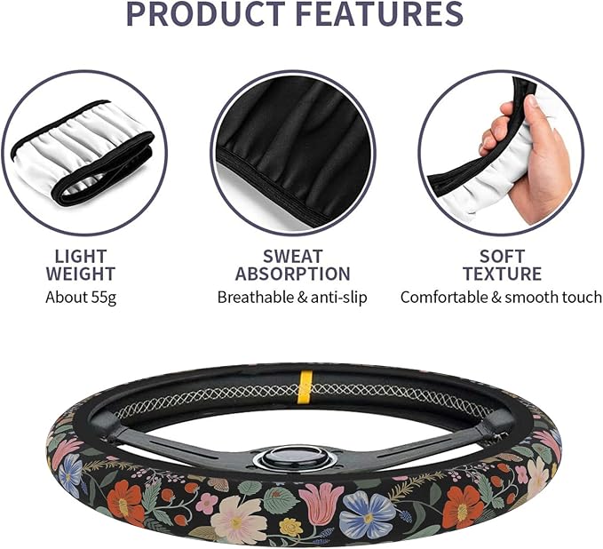 Car Steering Wheel Cover for Women Men, Non-Slip Garden Strawberry Steering Wheel Protector, Universal 14"-15" Fit for Cars, SUVs, Trucks (Garden Strawberry)