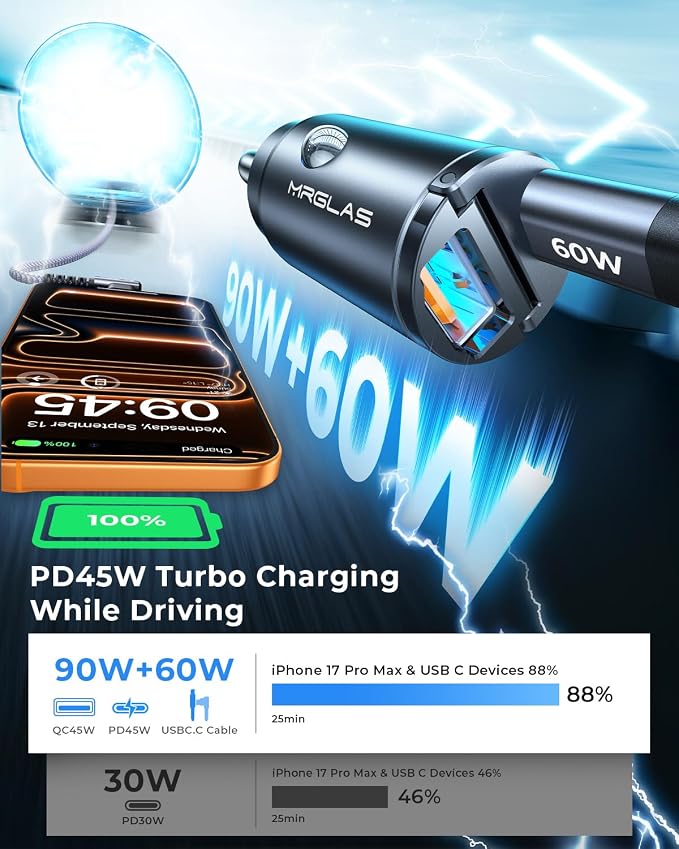 90W Fast iPhone 17/16 Car Charger, USB C Car Charger with Type C Cable, PD45W & QC45W, Flush Fit, All Metal, Cigarette Lighter RV Power Adapter for iPhone 17 16 Samsung S26 S25 Ultra Pixel 10