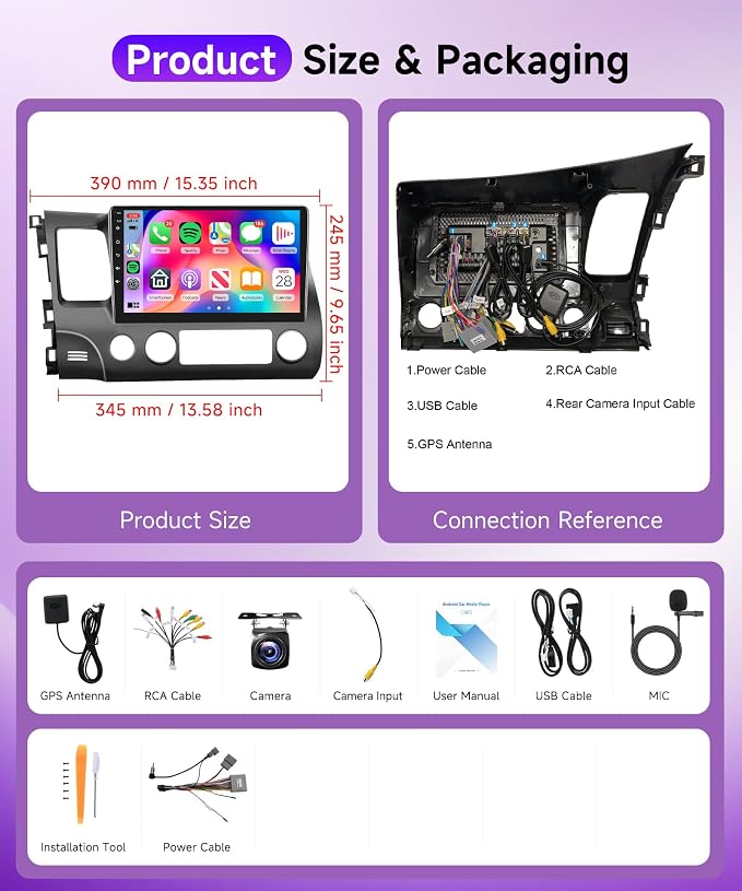 4G 64G Android Car Stereo for Honda Civic 2006 2007 2008 2009 2010 2011, Wireless CarPlay & Android Auto, 5GHz WiFi GPS, Touchscreen, Bluetooth/FM/RDS, EQ, SWC + AHD Backup Camera