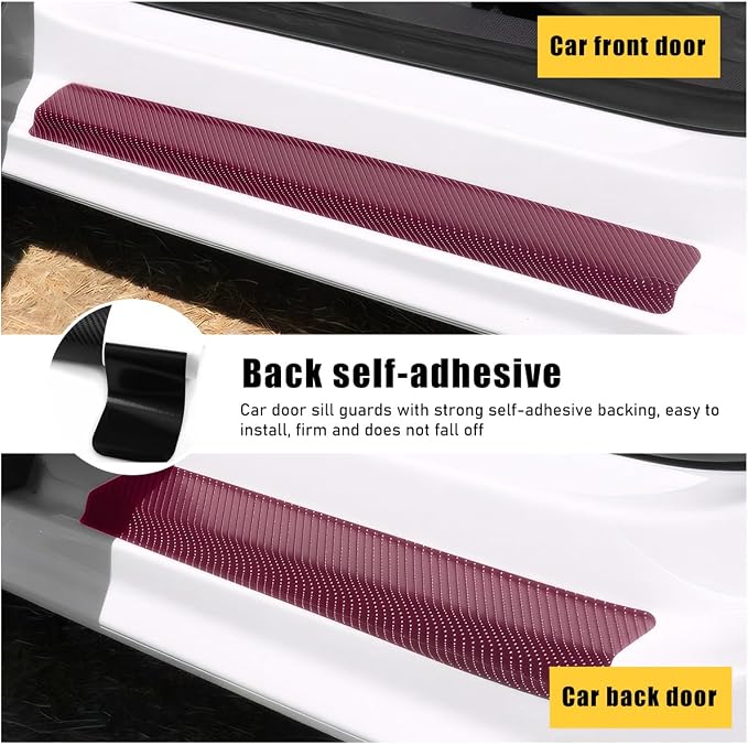 4 PCS Car Door Sill Protectors, Anti Scratch Carbon Fiber Auto Threshold Cover Strips, Decorative Door Entry Edge Scuff Sticker Universal for Most Vehicles, Car Accessories (Wine Red 3D)