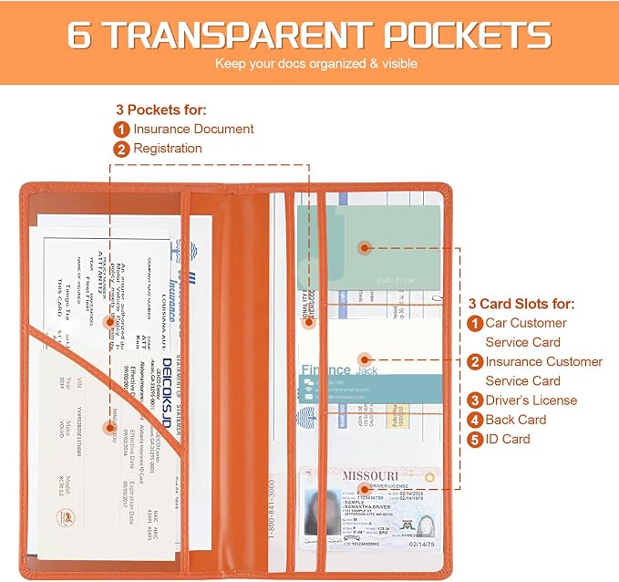 1Pack Car Registration and Insurance Holder,Car Document Holder for Cards License with Magnetic Shut,Vehicle Glove Box Car Organizer for Documents, Cards, License(Orange)
