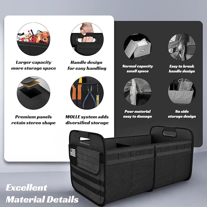 Car Trunk Organizer for SUV - 65L Collapsible Tactical MOLLE Car Storage with Reinforced Handles & Multiple Pockets, Sturdy Trunk Organizers for Groceries, Tools & Outdoor Storage (Black)