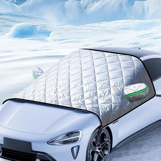 Car Windshield Snow Cover with Side Mirror Cover & 2 in 1 Brush | Thickened 4 Layers, Cold Protection, Ice Scraper, For Most Cars SUVs Trucks