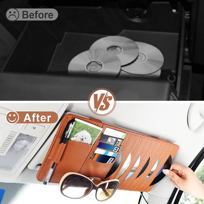Sun Visor CD Case Holder for Car - Multi-Function Visor Organizer with CD/DVD Storage, Eyeglass Clip, Card Slots & Pen Holder, Durable Leather Car Accessories (Orange)