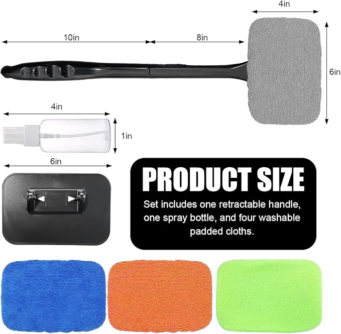 Car Windshield Cleaning Tool, Microfiber Auto Window Cleaner with 4 Cloth Pads & Long Handle, Reusable Window Cleaning Tool Kit for RV SUV Truck, Car Accessories (Green)