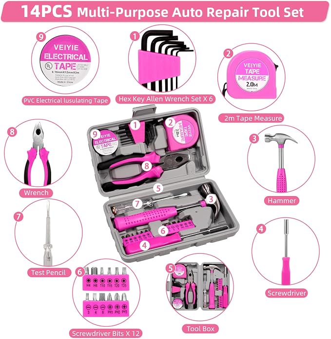Roadside Emergency Car Kit for Vehicles, Pink Car First Aid Kit Emergency Kit with Jumper Cables, Car Safety Kits, Tow Strap, Tool Kit, Road Trip Assistance for Men, Women, New Driver Gifts