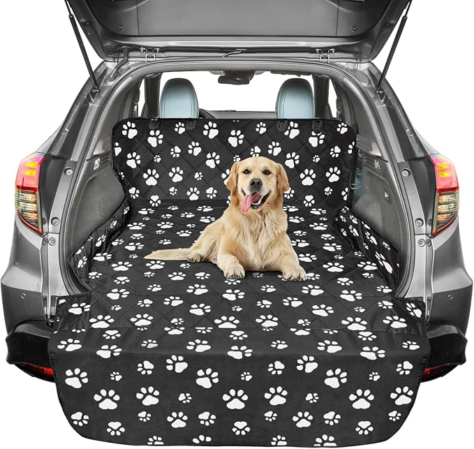 SUV Cargo Liner for Dogs, Water Resistant Pet Cargo Cover Dog Seat Cover Mat for SUVs Sedans Vans with Bumper Flap Protector, Non-Slip, Large Size Universal Fit, Paw Print