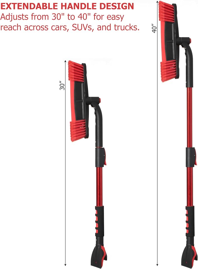 30–40" Extendable Snow Brush with Ice Scraper & Built-in Squeegee, Aluminum Handle, Scratch-Free Bristles, 3-in-1 Winter Car Tool for Cars, SUVs & Trucks, Red