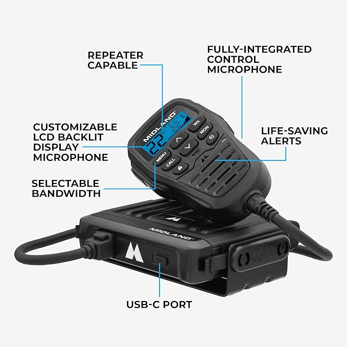 Midland - MXT275 MicroMobile GMRS Radio - 15 watts Two-Way Radio with Integrated Control Microphone - Overland Caravanning Tractors - Detachable External Magnetic Mount Antenna - 8 Repeater Channels