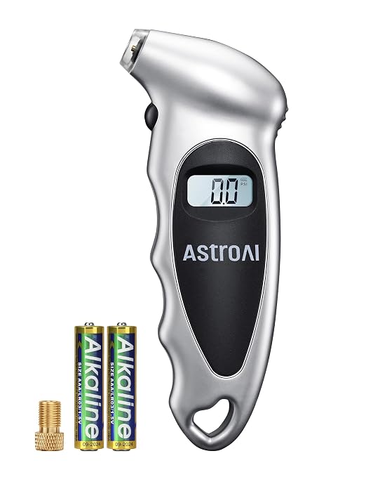 Digital Tire Pressure Gauge 0-150PSI, Accurate in 0.1 Increments, Tire Gauge with Backlit LCD and Presta Valve Adaptor, 4 Units of Measurement for Car Truck Bicycle, Silver 1Pack