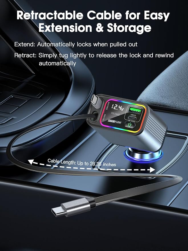 Dual Retractable Car Charger USB C, 145W Fast Charging Type C Car Charger with Retractable Cable, Compatible with iPhone 17/16/15/Air, Samsung S25/24/23/22, Pixel 9/8/7 - Grey