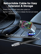 Dual Retractable Car Charger USB C, 145W Fast Charging Type C Car Charger with Retractable Cable, Compatible with iPhone 17/16/15/Air, Samsung S25/24/23/22, Pixel 9/8/7 - Grey
