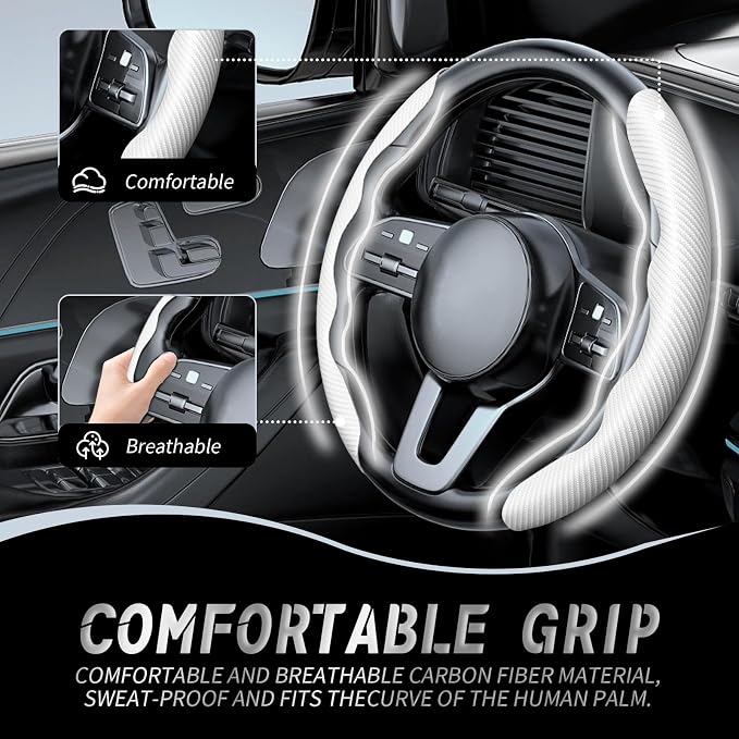 2pcs Car Steering Wheel Cover,Anti-Skid Carbon Fiber Steering Wheel Protector for Men Women,Multiple Color Options,Universal for Most Car Interiors Accessories (White)