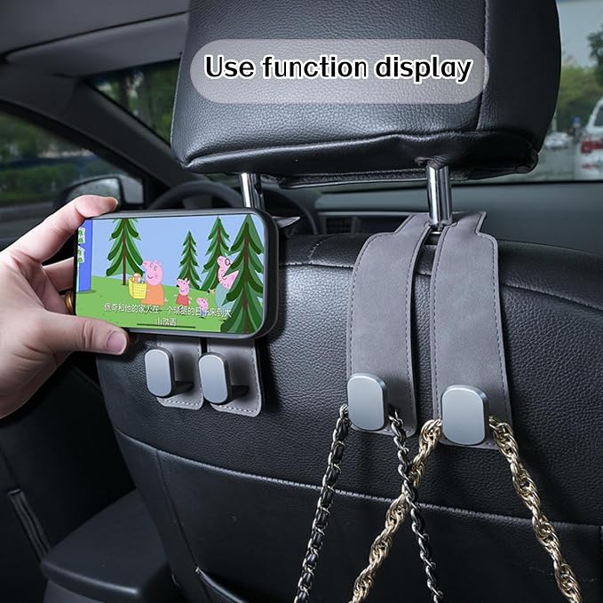 Coozyland Car Hooks, Coozy Land Metal Multi-Function Leather Car Headrest Hooks, Universal Double Hook Car Seat Back Storage Hooks for Wallets, Handbags, Bottles, Trash Bags, etc (Red 2-Pack)