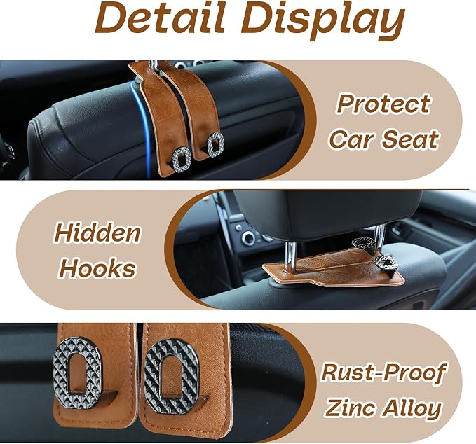 Car Headrest Hooks Universal Car Purse Hook Premium Leather and Alloy Twin Hook Car Seat Back Storage Hanger Hook for Purse Bags Cloth Drink Durable Holder Car Accessories (BH09-Brown-Black)