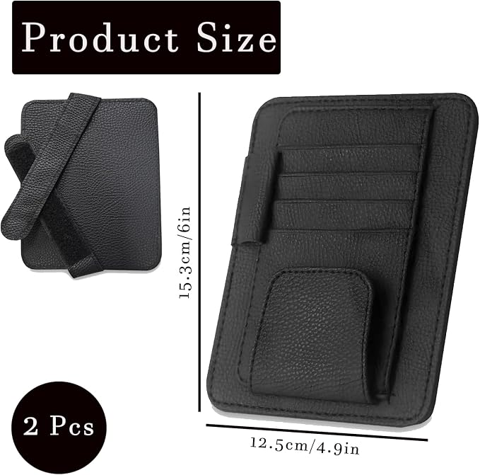 2 Pcs Car Sun Visor Organizer, Black | Premium Leather, Sunglasses Holder, Multi Functional Storage Bag, Card Document Holder