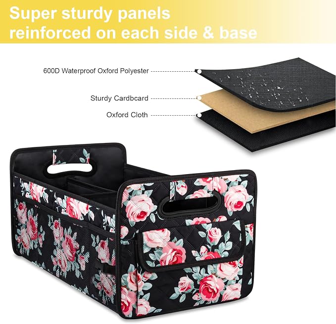 Car Trunk Organizers and Storage for SUV, Collapsible Multi Compartment Container Box Adjustable Car Accessories for Women Men, Black Floral