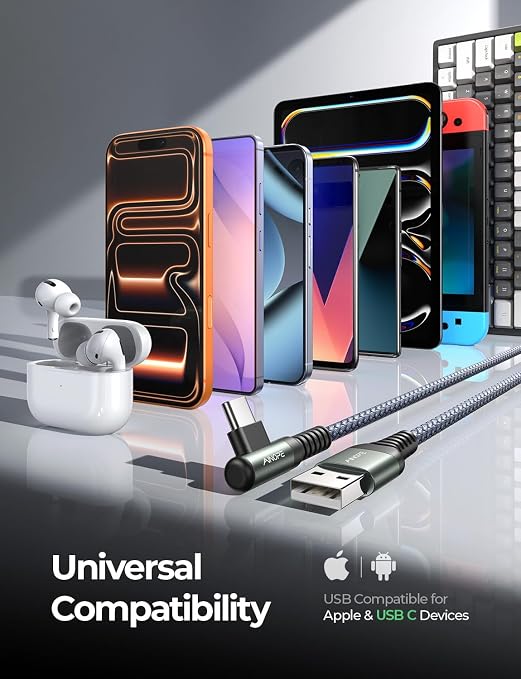 AINOPE USB A to USB C Cable Short 3. 3FT 2-Pack Right Angle Fast Charging & Data Sync Nylon Braided Carplay Android Auto Car Charger Cord for iPhone 17 16 15 Samsung Galaxy iPad Pro Air Android Phones