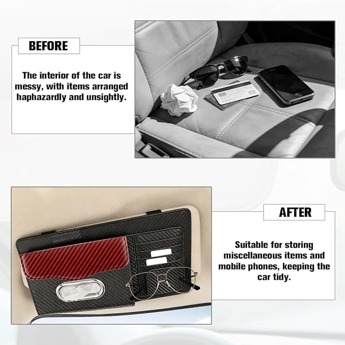 Car Sun Visor Organizer, Carbon Fiber Visor Glasses Tissue Card Holder Storage Pocket Pouch, Multifunctional Auto Sunshade Organizer Case Bag for Pens Documents Napkin, Universal Fit (Red)