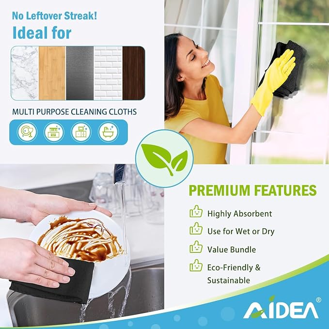 AIDEA Microfiber Cleaning Cloth Black 20PK, Microfiber Towels for Cars, Premium Car Cloths, Dusting Cloth Lint Free Cleaning Rags for SUVs, House, Kitchen, Window, Workshops,11.5"×11.5"