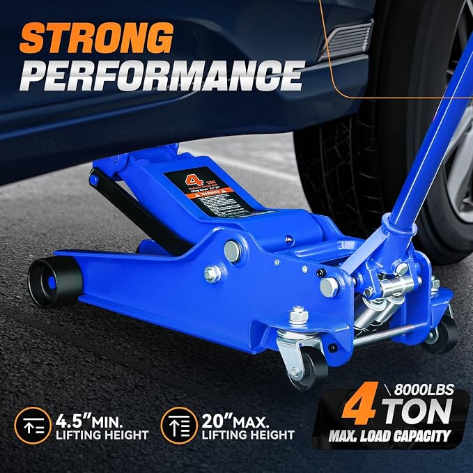 4 Ton Low Profile Floor Jack, Heavy Duty Steel Hydraulic Car Jack with Dual Pistons Quick Lift Pump, Hydraulic Racing Floor Jack, Lifting Range 4.5" to 20", Blue
