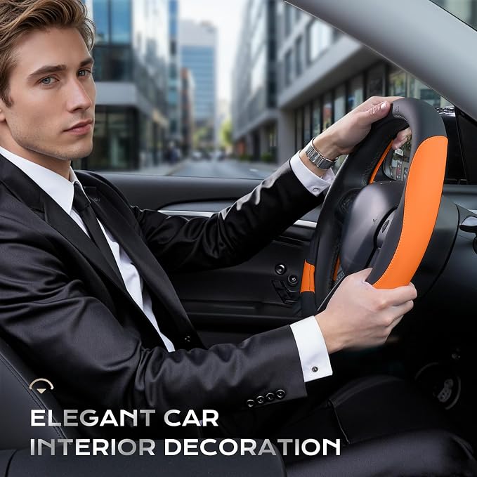 Coverado Car Steering Wheel Cover, Nappa Leather Black & Orange Steering Wheel Covers for Women, Universal 14-15 inch, Anti-Slip, Breathable Steering Wheel Protector