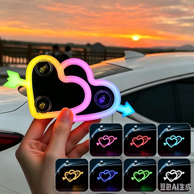 Solar Heart Car Window Light LED Heart-Shaped Ambient Lights 8 Modes 1PC | USB + Solar Assist Power, Color Changing 8 Modes Cupid's Heart-shaped Lights, Rainbow Window Decorative Suction Cup Install