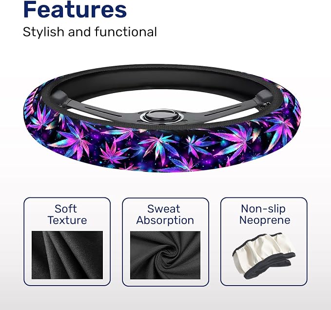 Purple Botanical Leaf Steering Wheel Cover, Polyester Car Wheel Grip, Universal 15 Inch for Cars SUVs Trucks