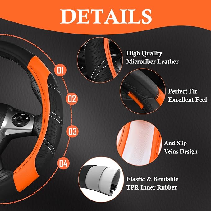 Leather Steering Wheel Cover and Waterproof Car Floor Mats,Microfiber Universal Car Combo Fit for 95% Sedan SUV Van Truck,14.5-15inch Sporty Anti-Slip Safety Comfortable Design, Black＆Orange