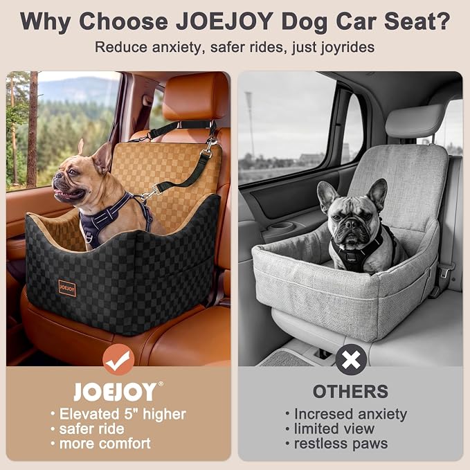 Elevated Dog Car Seat for Small/Medium Dogs up to 35 lbs, Memory Foam Booster Seat with Detachable Washable Cover, Travel-Safe Car Bed with Safety Belts & Storage Pockets, Brown
