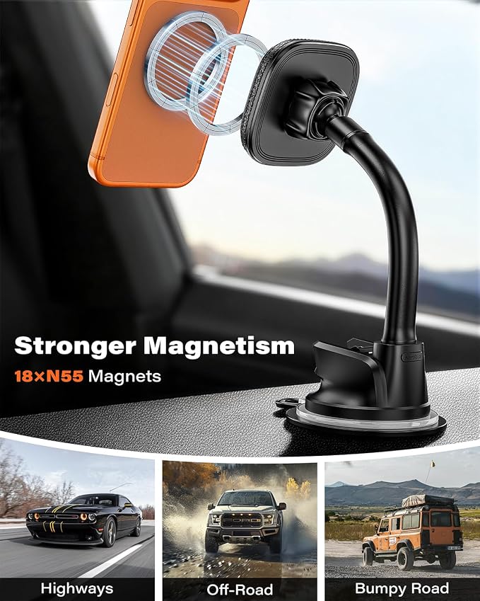 Phone Holder for Car, Dashboard Windshield Phone Holder Mount with Flexible Arm & Built-in Strong Magnets, Suction Cup Phone Holder for Car Compatible with MagSafe