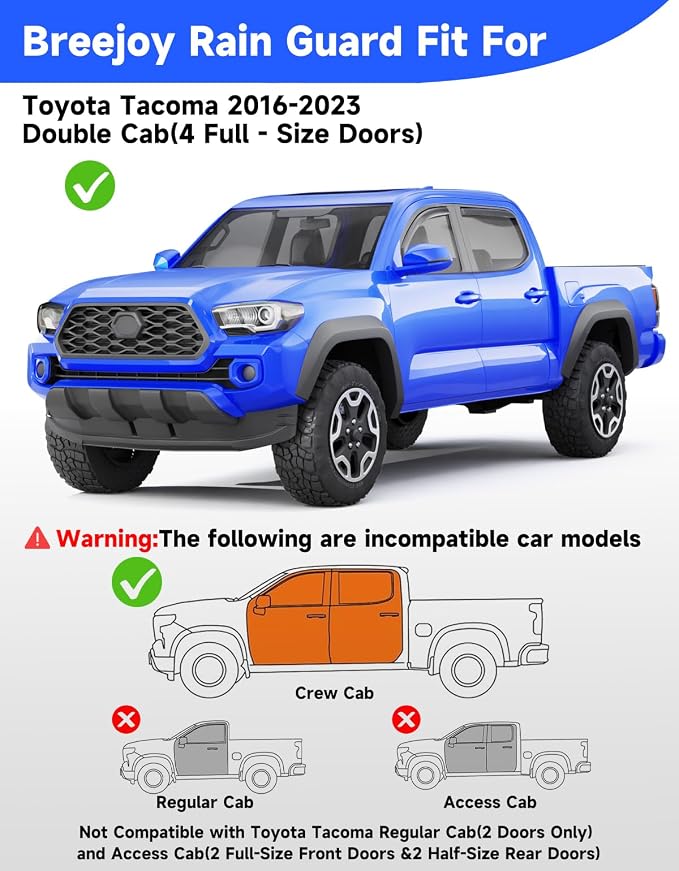 in-Channel Window Visors Rain Guards for 2016-2023 Toyota Tacoma Double Cab, Window Vent Wind Deflectors Visors Window Deflector Vent Shades Car Accessories -4 pcs
