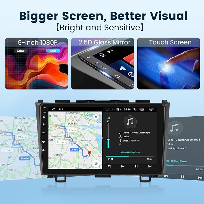2G+64G Android Car Stereo for Honda CRV 2007-2011 with Wireless Carplay/Android Auto with WiFi GPS Navigation, 9" Touchscreen Bluetooth Car Radio Support USB FM/RDS EQ HD Backup