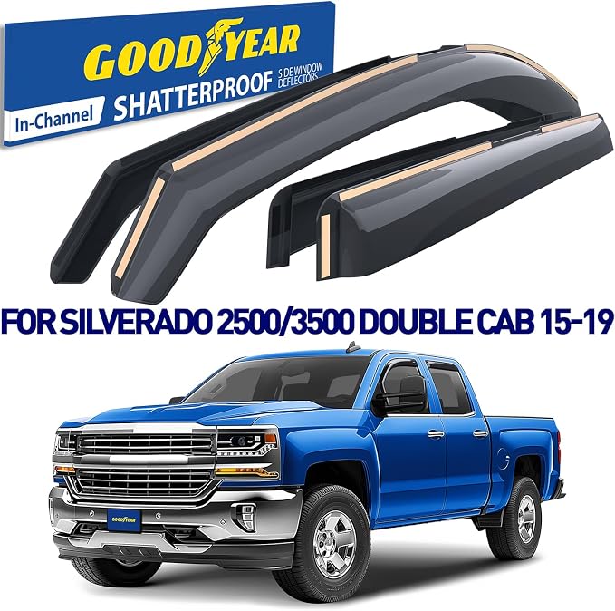 Goodyear Shatterproof in-Channel Window Deflectors for Chevrolet (Chevy) Silverado 2500, 2500HD/3500HD 2015-2019 Double Cab,Rain Guards, Visors for Cars,Vent Deflector,Car Accessories, 4 pcs-GY007721