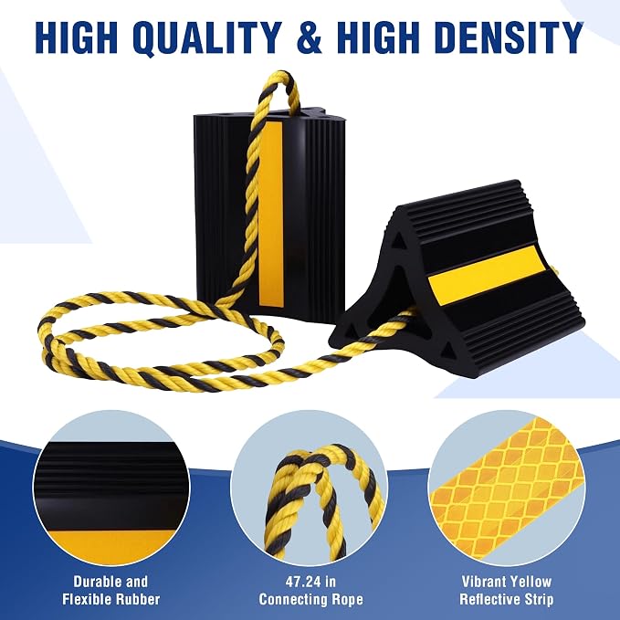 4-Pack Rubber Wheel Chocks with Rope & 3 Reflective Strips, Heavy Duty Non-Slip Tire Stoppers for Cars, SUVs & Trailers, Rubber Wheel Wedges for Garage & Driveway