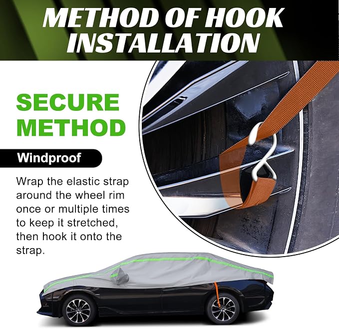 Half Car Cover SUV with Green Reflective Strip, Windshield Cover for Ice and Snow with Cotton Liner, Hail Protector Car Cover Waterproof All Weather for Snow, Sun, Rain, Dust, UV Protection