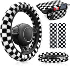 5 Pcs Fuzzy Black & Wihte Car Accessories Set, Soft Fluffy Plush Steering Wheel Cover, Center Console Armrest Pad & Rearview Mirror Cover - Interior Decorations for Women,Universal Fit (Check)