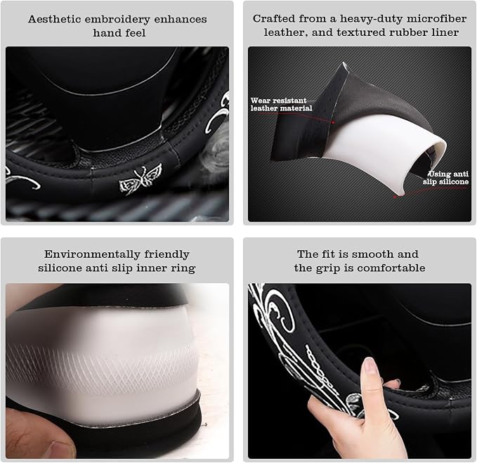 Car Leather Steering Wheel Cover - Panapi Material, Universal 14.5-15 Inch Leather Anti-Slip Breathable Auto Steering Wheel Covers for Men Women (Embroidery-White)