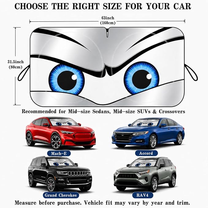 Car Windshield Sun Shade, Universal Fit Midsized Sedan SUV, Sporty Silver | 63 x 31.5" Windshield Cover, Foldable Front Window Sunshade, UV Heat Protection, Cute Eyes Series