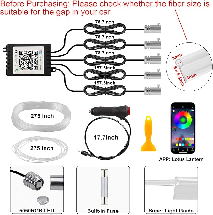 Interior Car LED Strip Lights APP Control, 5 in 1 RGB 16 Million Colors Ambient Lighting Kit with 275 inches Fiber Optic, Music Mode Inside Car Lighting Decoration