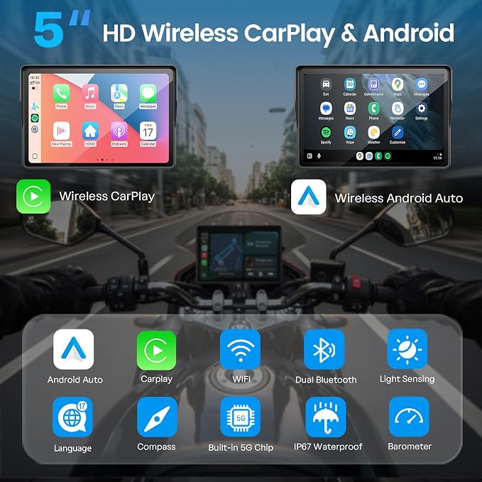 Motorcycle CarPlay Screen with Android Auto – 5” Waterproof GPS, Pantalla para Moto, Apple CarPlay, Navigation System for Motorcycle, Dual 2K Dash Cam Bluetooth Audio & TPMS (No SD Card)