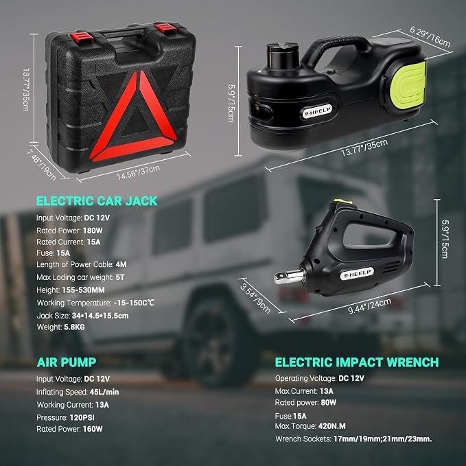 Electric Car Jack Kit 5T 12V Hydraulic Tire Jack with Double Cylinder Air Pump & LCD Touch Screen & Impact Wrench Portable Car Lift for Tire Changes and Roadside Emergencies