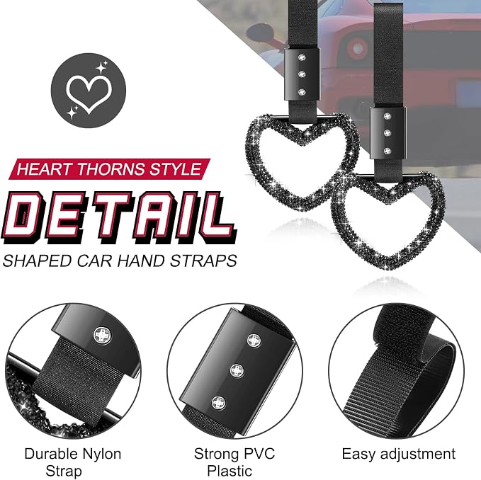 Bling Car Accessories Bling Heart Handle Ring Car Accessory for Women Hand Strap Drift Charm Rear Bumper Warning Ring Decor for Auto Bus Interior Exterior Decoration (Black, Heart Style)