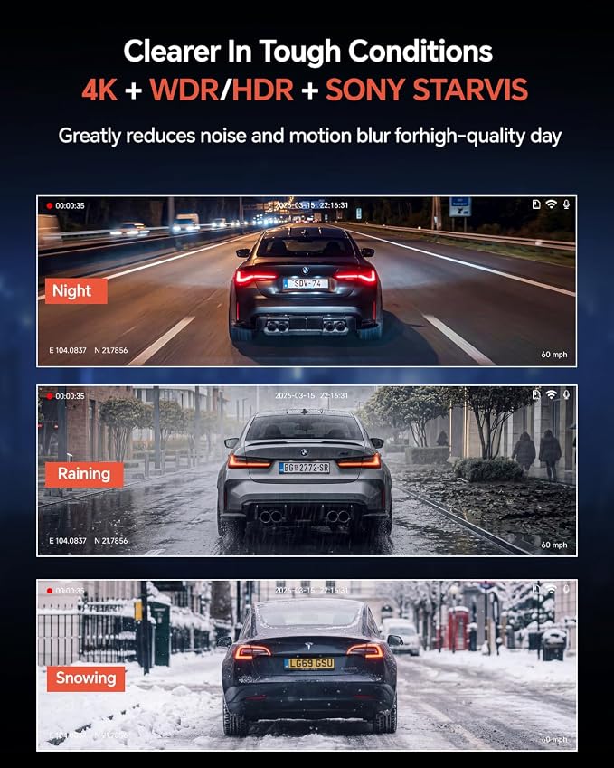 Front Rear - 4K STARVIS Sensor Dashcam,Free 64GB Card, Built-in 5G WiFi/GPS, Dual Dash Camera for Cars with 3" IPS Screen,HDR/WDR Night Vision, App Control, 24H Parking Mode