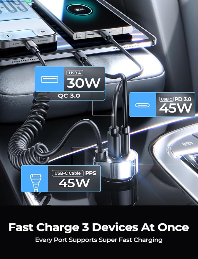 Car Charger with 45W Built-in USB-C 36 inch Coiled Cable, 90W Multi-Port Fast Charging Cigarette Lighter Adapter for iPhone 17/16/15 Pro Max, Samsung Galaxy S26 Ultra, Black | Car Charger USB C Fast Charge Adapter,Super Fast for Men Women, Car Ac...