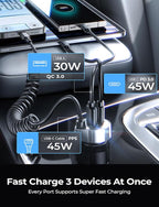 Car Charger with 45W Built-in USB-C 36 inch Coiled Cable, 90W Multi-Port Fast Charging Cigarette Lighter Adapter for iPhone 17/16/15 Pro Max, Samsung Galaxy S26 Ultra, Black | Car Charger USB C Fast Charge Adapter,Super Fast for Men Women, Car Ac...