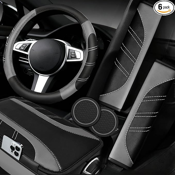 6 Pcs Grey Car Accessories Set, Sport Leather Steering Wheel Cover 14.5-15inch Universal, Microfiber Leather Car Center Console Cover, Seat Belt Cushion, Cup Holder Coaster (Black-Grey)